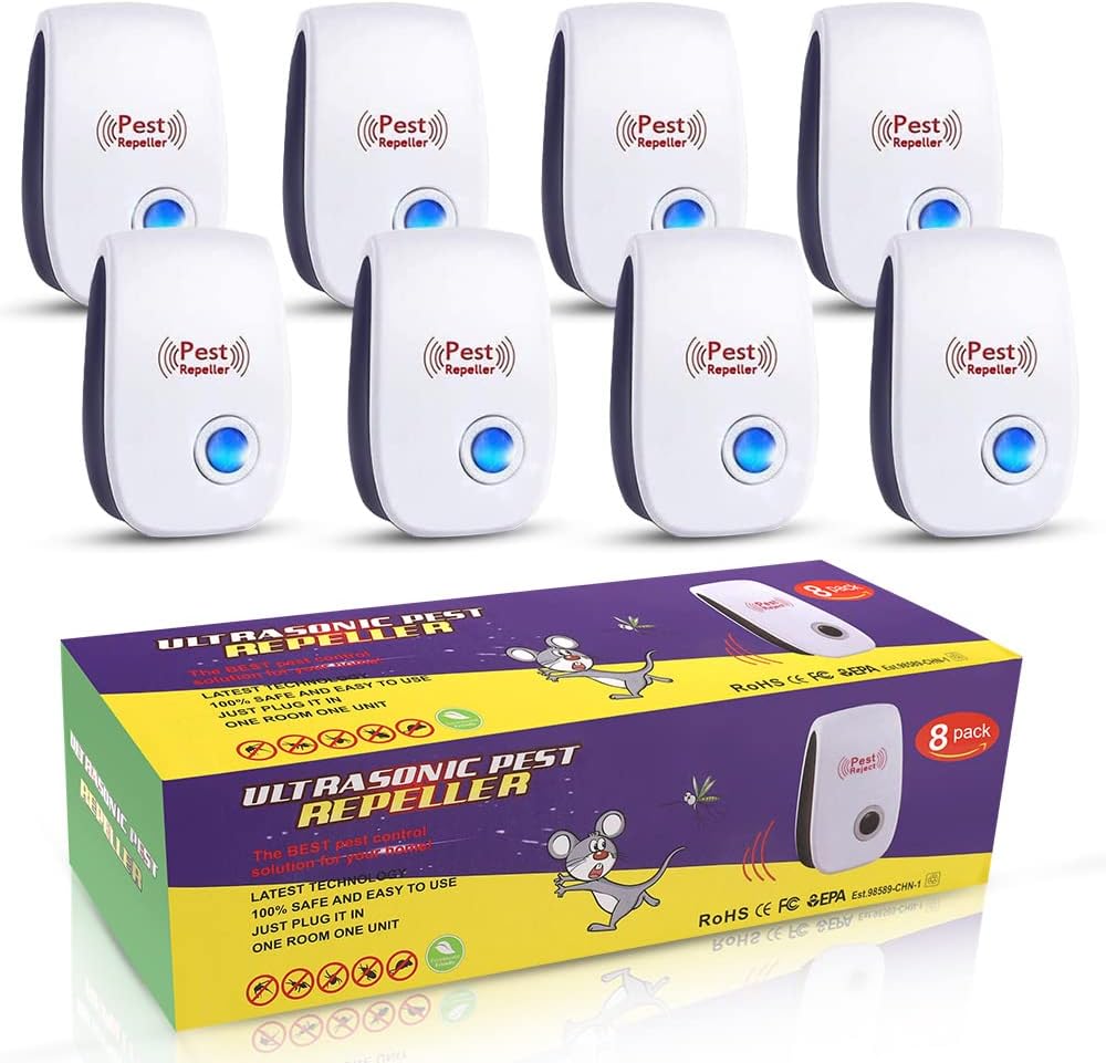 8 Packs Ultrasonic Mouse Pest Repeller,Rodent Repellent Electronic Mouse Deterrent Rat Control with Ultrasound Waves and LED Strobe Lights for Basement Warehouses RV Garage Indoor