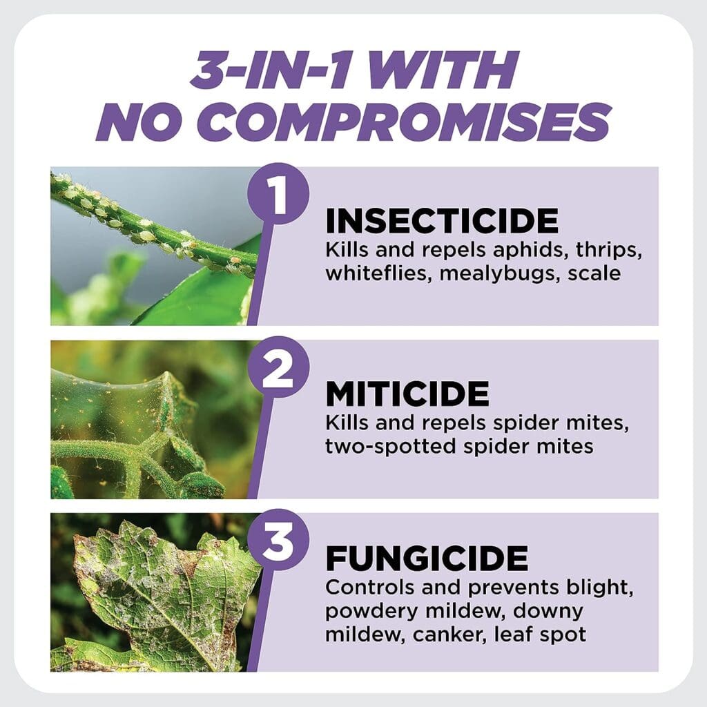 Earths Ally 3-in-1 Plant Spray | Insecticide, Fungicide  Spider Mite Control, Use on Indoor Houseplants and Outdoor Plants, Gardens  Trees - Insect  Pest Repellent  Antifungal Treatment, 24oz