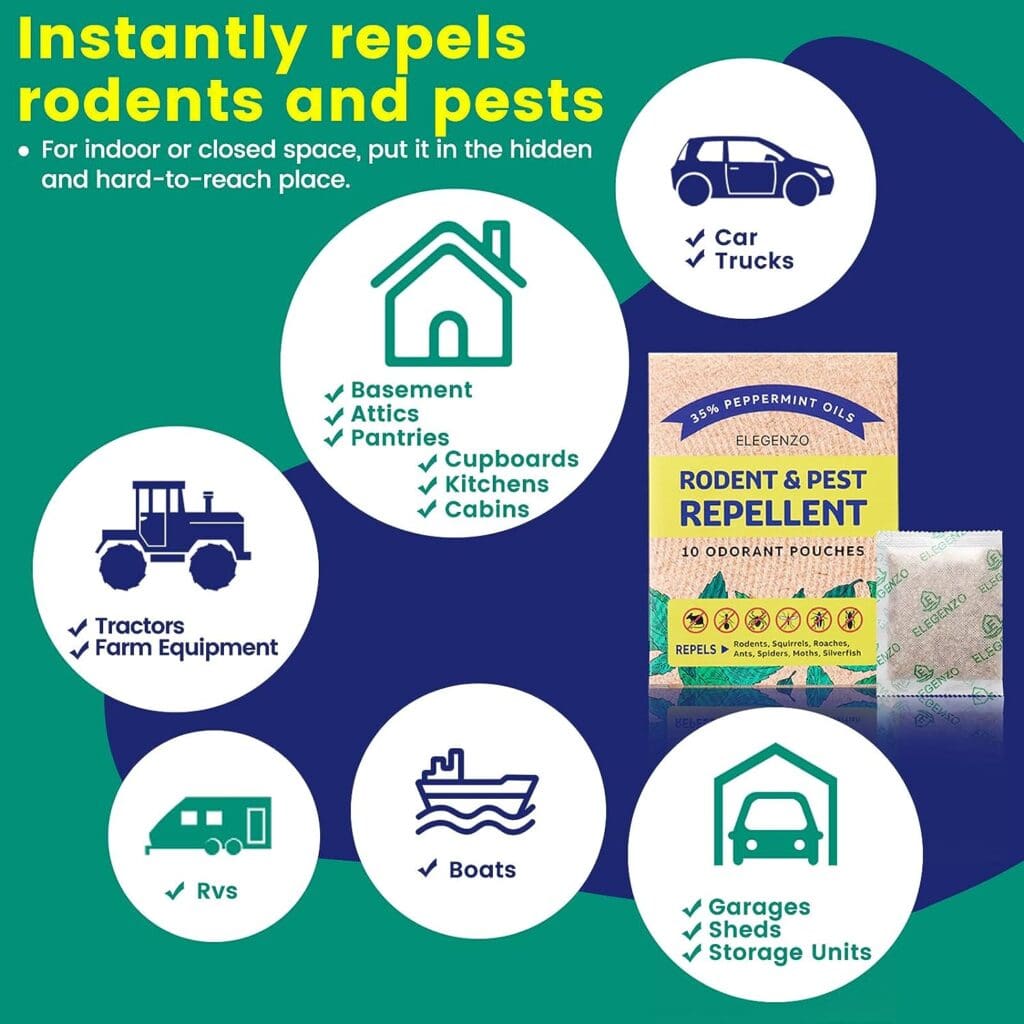 ELEGENZO Mouse Repellent Pouches, 35% Peppermint Oil Pest and Rodent Repellent, Mice Repellent with Peppermint Oil to Repel Mice and Rats, Squirrels, Roaches, Ants, Spiders, Moths, 10 Odorant Pouches