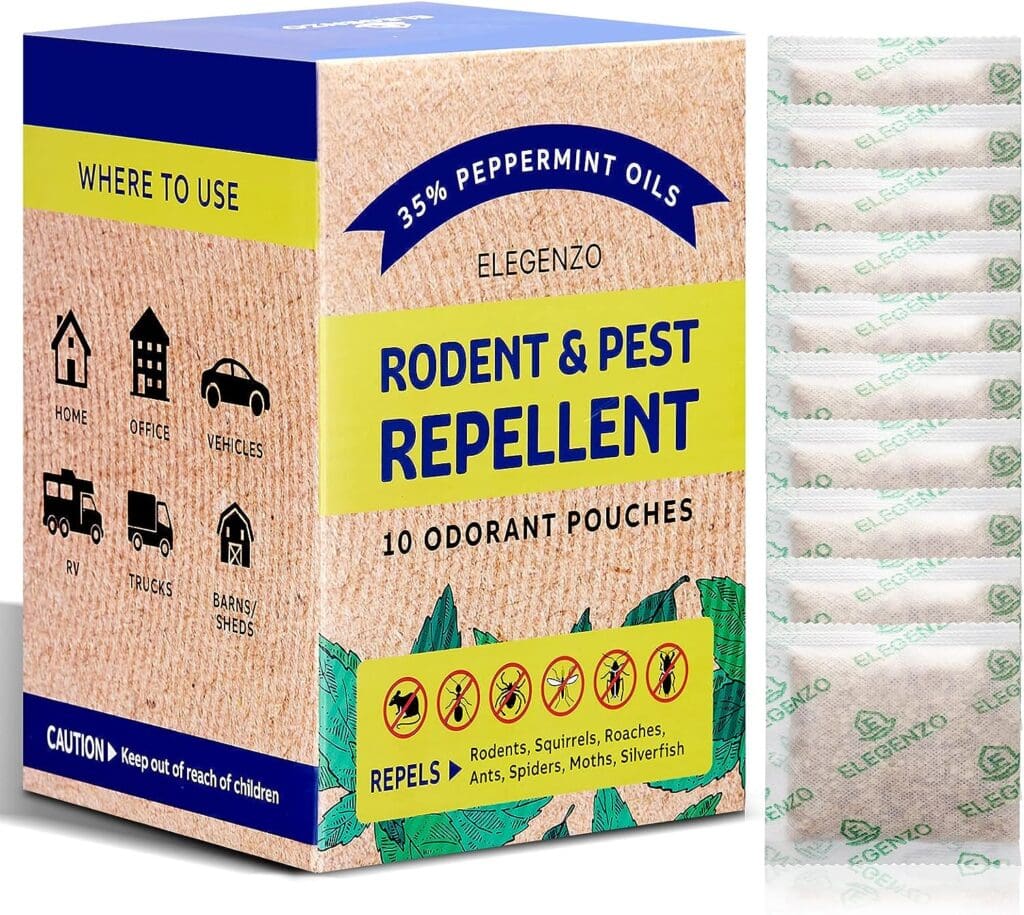 ELEGENZO Mouse Repellent Pouches, 35% Peppermint Oil Pest and Rodent Repellent, Mice Repellent with Peppermint Oil to Repel Mice and Rats, Squirrels, Roaches, Ants, Spiders, Moths, 10 Odorant Pouches