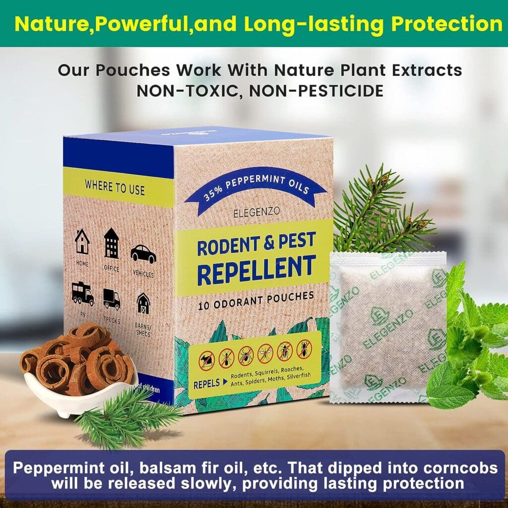 ELEGENZO Mouse Repellent Pouches, 35% Peppermint Oil Pest and Rodent Repellent, Mice Repellent with Peppermint Oil to Repel Mice and Rats, Squirrels, Roaches, Ants, Spiders, Moths, 10 Odorant Pouches