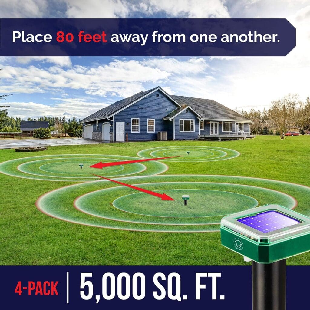 Livin Well Solar Sonic Pest Repeller Stakes - 4pk Outdoor Pest Repellent with 5,000 Feet Range, Solar Powered Animal Control, Rodent Repellent and Deterrent for Mole, Vole, Gopher