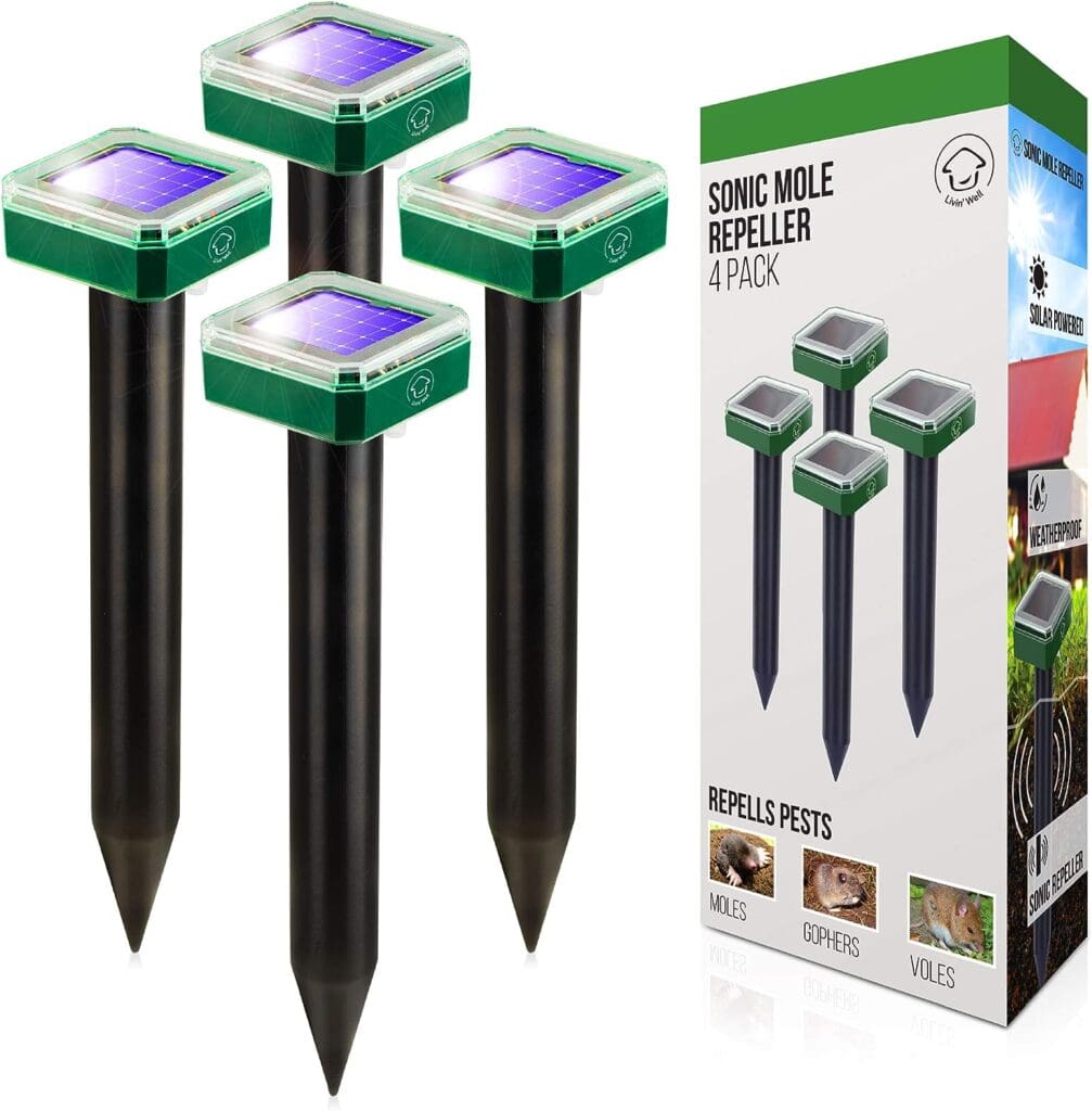 Livin Well Solar Sonic Pest Repeller Stakes - 4pk Outdoor Pest Repellent with 5,000 Feet Range, Solar Powered Animal Control, Rodent Repellent and Deterrent for Mole, Vole, Gopher