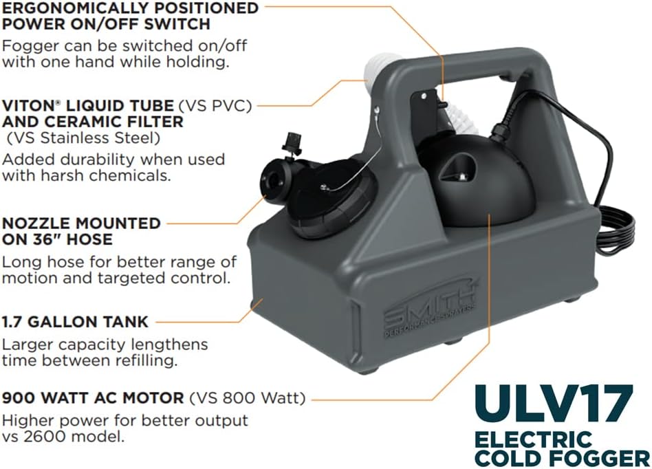 Smith Performance Sprayers Smith ULV (1.7 Gal) Electric Cold Fogger, 110V, Model ULV17, Atomizer Mist, Spraying for Home, Hotel, School, Yard