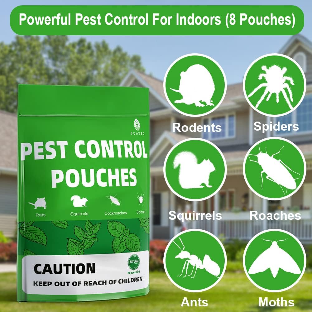 SUAVEC Pest Control Pouches, Squirrel Repellent, Repel Squirrels, Rodents, Mouse, Mice, Rats, Ant, Spider  Other Pest, Peppermint Rodent Repellent, Indoor Mice Repellent, Pest Repeller- 8 Pouches