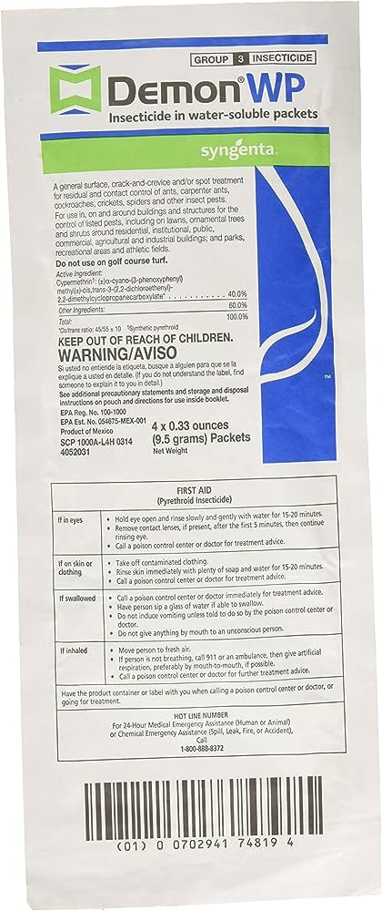 Syngenta Demon WP Insecticide 2 Envelopes Containing 4 Water-Soluble 9.5 Gram Packets Makes 4 Gallons Cypermethrin 40%